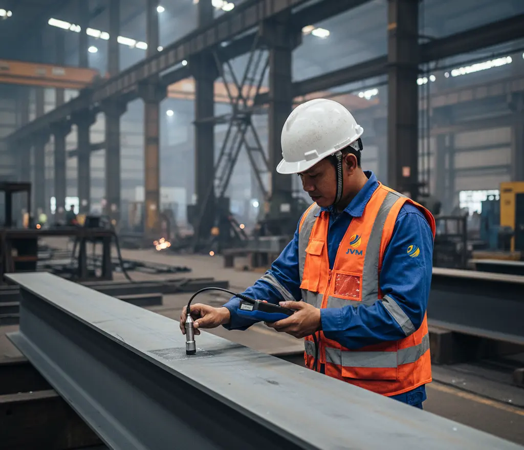 Teknisi Indonesia mengukur ketebalan coating pada balok baja menggunakan PCE-CT 80HP-FN2 di area fabrikasi industri dengan perlengkapan keselamatan lengkap.