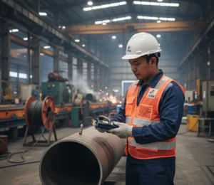 Teknisi Indonesia mengukur ketebalan coating pada pipa baja menggunakan coating thickness gauge portabel di area pabrik industri baja