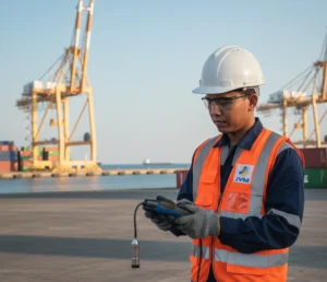 Teknisi Indonesia menggunakan coating thickness gauge PCE-CT 80 untuk mengukur ketebalan cat pada struktur baja kapal di area galangan.