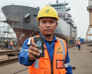 Teknisi galangan kapal Indonesia menggunakan PCE-CT 80HP-FN3 untuk mengukur ketebalan coating pada permukaan baja melengkung lambung kapal.