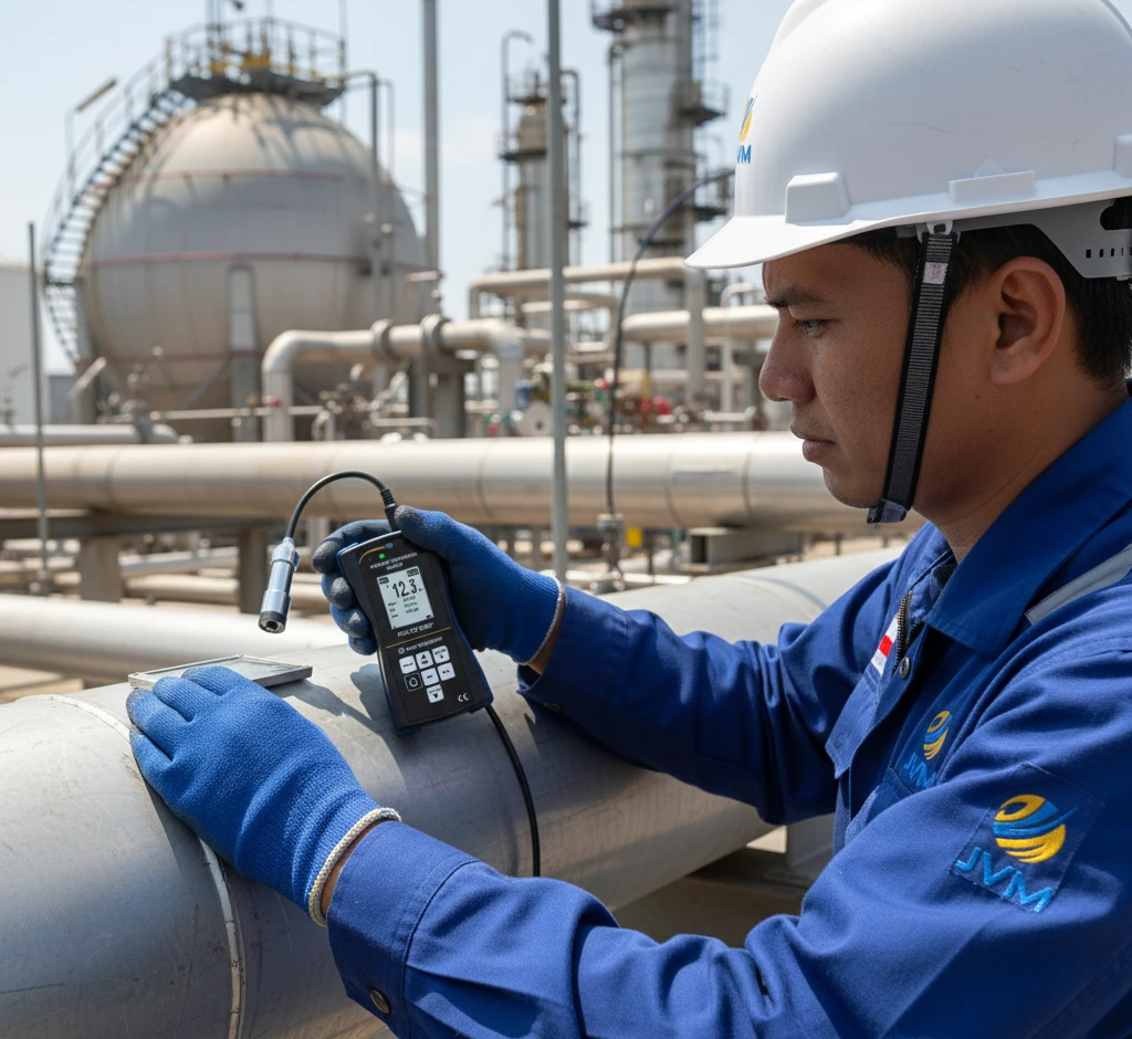 Teknisi Indonesia mengukur ketebalan coating pipa baja di area refinery menggunakan coating thickness gauge portabel dengan layar digital terlihat jelas.