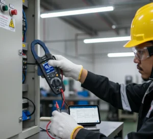 Teknisi Indonesia menggunakan clamp meter PCE-CTI 10-ICA untuk mengukur arus pada panel kontrol motor/inverter, dengan layar alat menyala dan rahang clamp menjepit satu konduktor, sambil memantau pencatatan data melalui perangkat mobile.