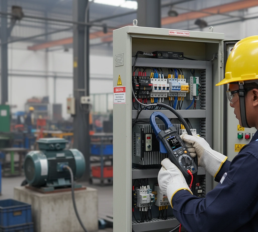 Teknisi Indonesia menggunakan clamp meter PCE-CTI 10 untuk mengukur arus pada kabel motor di panel kontrol inverter tanpa memutus rangkaian, dengan APD lengkap di lingkungan workshop industri/otomotif.