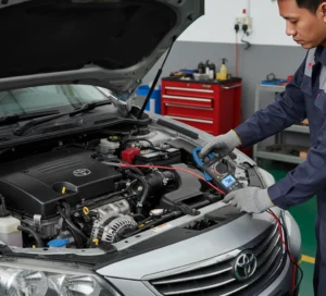 Teknisi Indonesia di bengkel mengukur arus inrush motor starter memakai clamp meter PCE-DC 25, dengan kap mesin terbuka dan smartphone terhubung Bluetooth untuk pencatatan data.