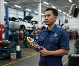 Foto teknisi bengkel Indonesia menggunakan clamp meter PCE-DC 41-ICA untuk mengukur arus pada kabel pengisian alternator di ruang mesin mobil, dengan aki dan komponen mesin terlihat di latar.