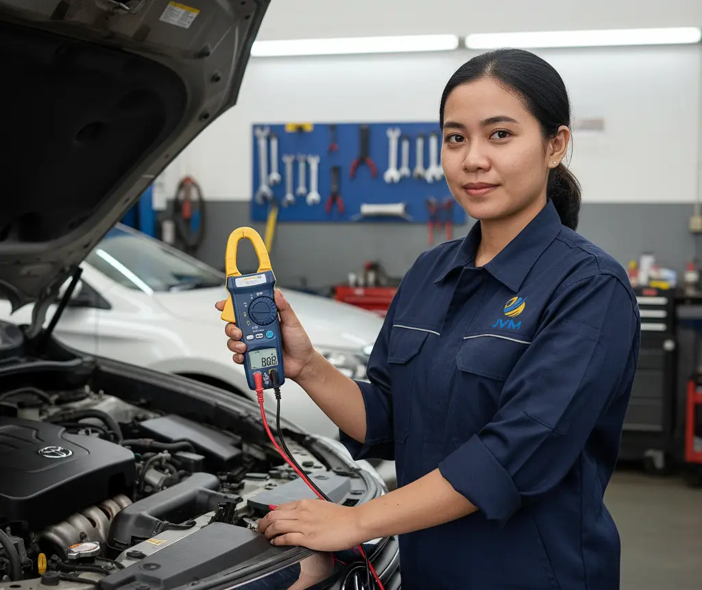 Teknisi kelistrikan mobil Indonesia menggunakan clamp meter PCE-DC 41 untuk mengukur arus pada kabel di ruang mesin kendaraan.