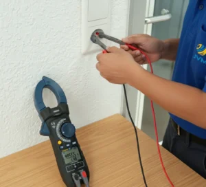 Teknisi listrik industri Indonesia mengukur arus kabel feeder pada panel distribusi menggunakan clamp meter PCE-DC 50 dengan APD lengkap.