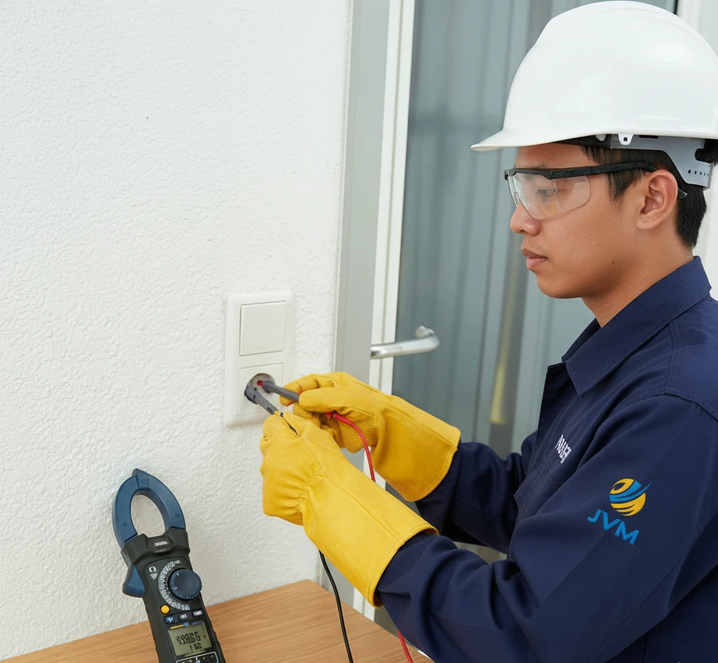 Foto menampilkan teknisi listrik Indonesia memakai APD lengkap sedang menjepitkan clamp meter PCE-DC 50-ICA pada satu konduktor di dalam panel distribusi untuk mengukur arus saat troubleshooting.