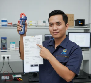 Teknisi industri mengukur arus DC menggunakan clamp tester pada panel listrik DC aktif