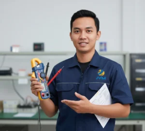 Teknisi melakukan audit listrik menggunakan clamp tester DC dengan alat ukur terkalibrasi