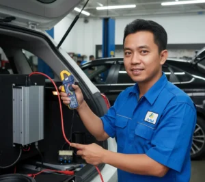Foto teknisi bengkel audio mobil Indonesia mengukur arus pada kabel power amplifier menggunakan clamp meter PCE-DC3 di area bagasi, layar alat menyala dan instalasi kabel terlihat rapi.