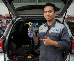 Foto menampilkan teknisi toko aki Indonesia menggunakan clamp meter PCE-DC3-ICA untuk mengukur arus pengisian pada kabel di ruang mesin; layar LCD backlight dan flashlight alat terlihat menyala sehingga area dekat aki yang gelap tetap mudah dibaca.