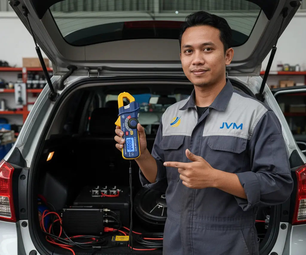 Foto menampilkan teknisi toko aki Indonesia menggunakan clamp meter PCE-DC3-ICA untuk mengukur arus pengisian pada kabel di ruang mesin; layar LCD backlight dan flashlight alat terlihat menyala sehingga area dekat aki yang gelap tetap mudah dibaca.