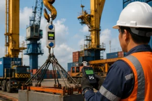 Dynamometer digital nirkabel 20 ton digunakan untuk mengukur tension kargo dan memantau beban angkat pada sistem lifting equipment.