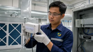 Teknisi industri Indonesia memegang Differential Pressure Meter PCE-DDMU 10 untuk memantau tekanan diferensial pada sistem HVAC atau cleanroom.