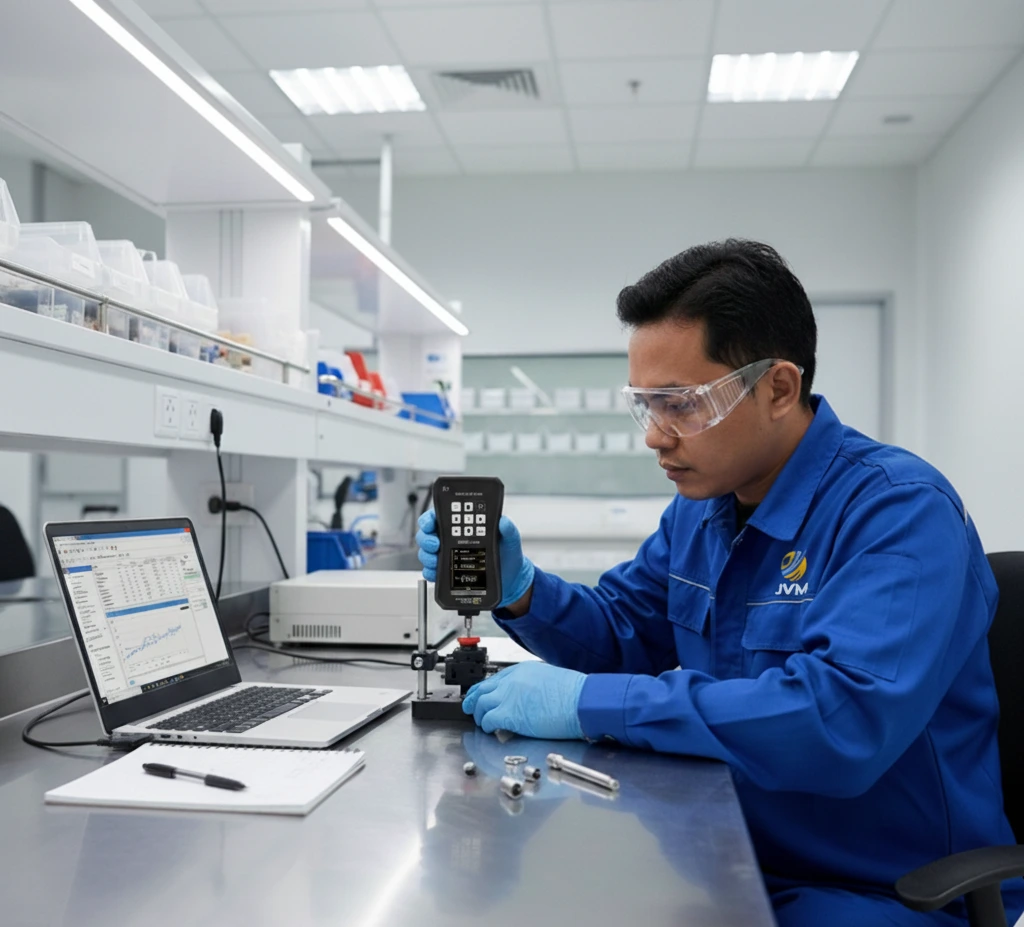 Teknisi QC Indonesia menggunakan Dynamometer PCE-DFG 10 X untuk mengukur gaya aktuasi tombol kecil di laboratorium quality control.