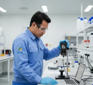 Teknisi QC Indonesia menggunakan Dynamometer PCE-DFG 1000 X untuk mengukur gaya tarik dan tekan pada sampel material di laboratorium industri.