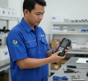 Teknisi QC Indonesia menggunakan Dynamometer PCE-DFG 20 X untuk mengukur gaya tarik dan tekan pada komponen kecil di laboratorium.
