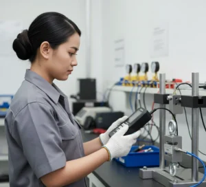 Teknisi QC menggunakan Dynamometer PCE-DFG 2K5 X dengan sel ukur eksternal untuk mengukur gaya tarik dan tekan pada komponen industri.