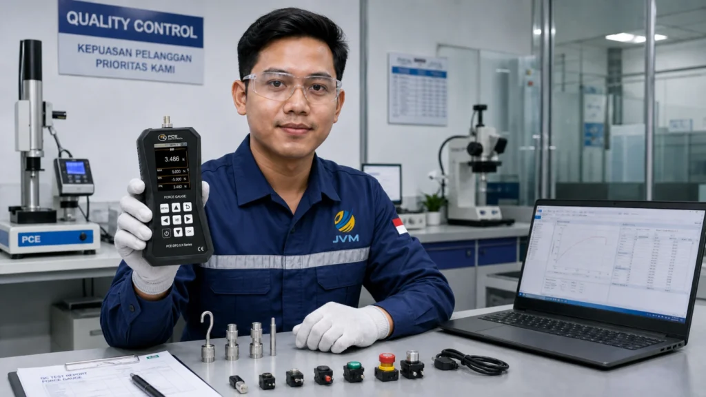 Teknisi QC Indonesia memegang Dynamometer PCE-DFG 5 X untuk pengujian gaya tarik dan tekan kecil di laboratorium quality control.