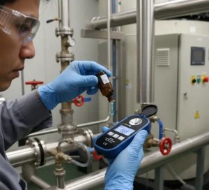 Teknisi utilitas Indonesia mengukur konsentrasi antifreeze ethylene glycol/propylene glycol menggunakan refraktometer digital genggam PCE-DRA 1 di ruang chiller.
