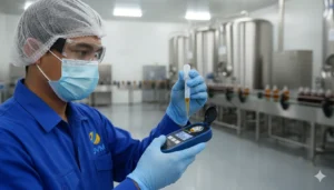 Teknisi QC Indonesia mengukur kadar Brix sirup dengan refractometer digital genggam PCE-DRB 1 di area produksi minuman, layar alat menampilkan hasil %Brix dan suhu, sampel diteteskan ke prisma dan penutup ditutup sebelum pembacaan.