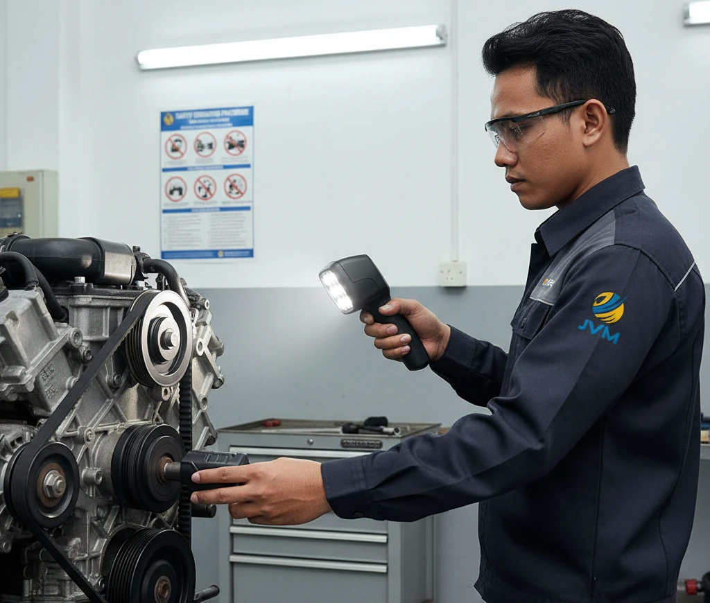 Gambar menampilkan teknisi maintenance Indonesia mengenakan APD lengkap saat memegang stroboscope digital PCE-DSX 10-ICA untuk memeriksa pulley dan belt motor listrik di area pabrik; kilatan LED diarahkan ke komponen berputar sehingga gerak tampak “diam” untuk memudahkan inspeksi visual dan troubleshooting.