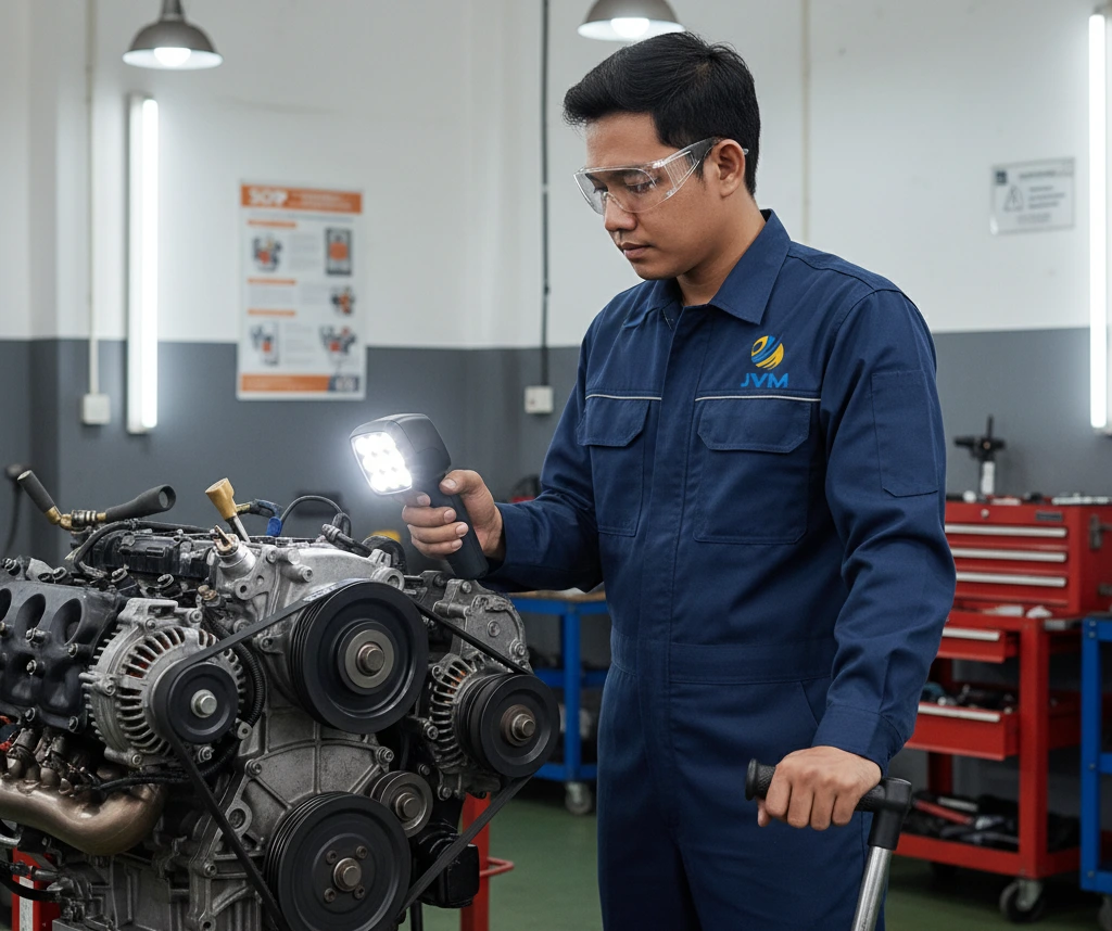 Gambar menampilkan teknisi otomotif Indonesia di workshop sedang memegang stroboscope LED PCE-DSX 10 dan mengarahkan kilatan cahaya ke pulley dan belt mesin yang berputar pada engine stand.