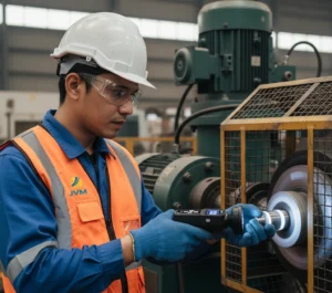 Foto teknisi maintenance Indonesia memakai APD lengkap sedang menggunakan handheld stroboscope tachometer PCE-DSX 100, mengarahkan kilatan LED ke shaft mesin berputar sehingga marking pada permukaan tampak diam untuk inspeksi RPM non-kontak di area pabrik.