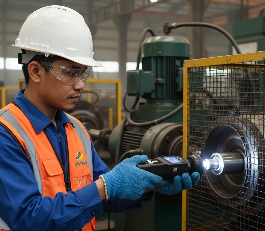 Teknisi industri Indonesia mengukur kecepatan putar motor menggunakan digital stroboscope di area pabrik.