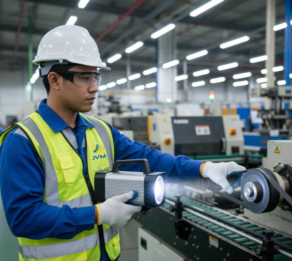 Foto teknisi QC Indonesia menggunakan stroboscope PCE-DSX 20-ICA untuk mengamati pulley dan belt mesin berputar secara aman di area pabrik.