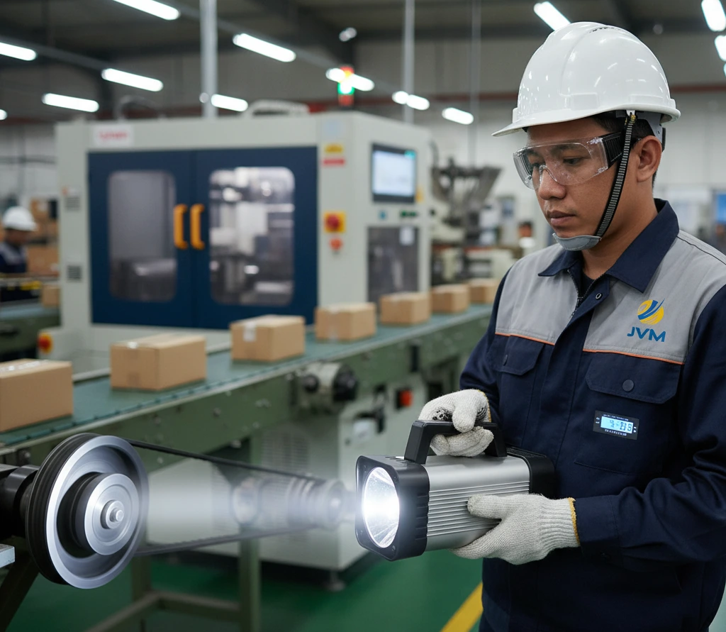 Foto teknisi Indonesia menggunakan stroboscope PCE-DSX 20 untuk membekukan visual gerak pulley–belt mesin berputar saat inspeksi slip dan getaran periodik di area pabrik.