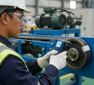 Foto teknisi Indonesia menggunakan tachometer laser PCE-DT 50 untuk mengukur RPM pulley motor conveyor dengan reflective tape, layar LCD backlight menyala, suasana area pabrik dan rotating equipment terlihat jelas.