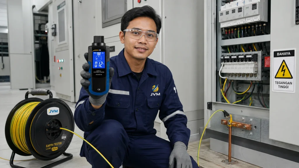 Teknisi listrik Indonesia memegang Earth Tester PCE-ECT 50-UK untuk mengukur tahanan pentanahan pada instalasi listrik gedung.