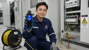 Teknisi listrik Indonesia memegang Earth Tester PCE-ECT 50-UK untuk mengukur tahanan pentanahan pada instalasi listrik gedung.