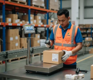 Foto menampilkan operator gudang Indonesia sedang memverifikasi berat paket outbound menggunakan platform checkweighing scale PCE-EP 150P1-ICA; perangkat terlihat jelas dengan permukaan platform dan display pada stand, sementara di sekitar area tampak meja packing, label pengiriman, dan rak gudang.
