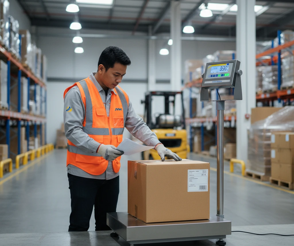 Foto staf gudang Indonesia memeriksa berat paket outbound menggunakan checkweighing scale PCE-EP 150P1, dengan paket karton di atas platform 400 x 500 mm dan display LCD pada tripod untuk verifikasi batas MIN/OK/MAX sebelum pengiriman.