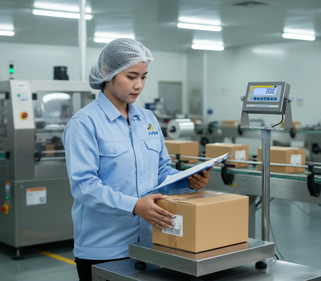 Petugas Quality Control Indonesia menggunakan timbangan platform PCE-EP 30P1 untuk memeriksa berat kemasan produk di area pengemasan pabrik.