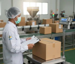 Staf QC Indonesia memeriksa berat kardus produk makanan/minuman di atas checkweighing scale platform stainless dengan display di stand, memastikan hasil timbang stabil untuk kontrol kualitas.