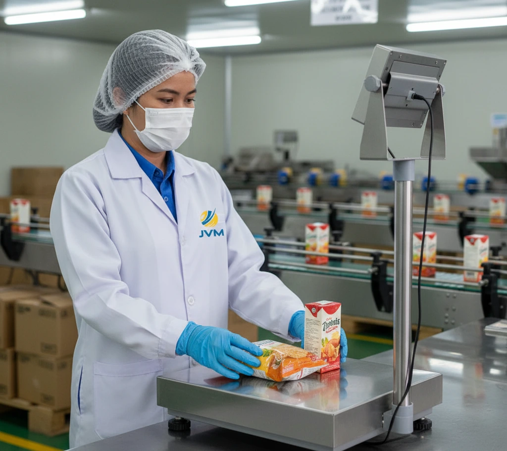 Petugas QC Indonesia memeriksa berat produk kemasan menggunakan checkweighing scale PCE-EP 30P2-ICA di area produksi makanan.
