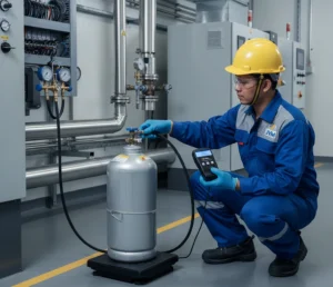 Foto menampilkan teknisi Indonesia di area utilitas pabrik metal menggunakan timbangan checkweighing PCE-ERS 100 untuk mengontrol pengisian refrigerant berdasarkan target berat.