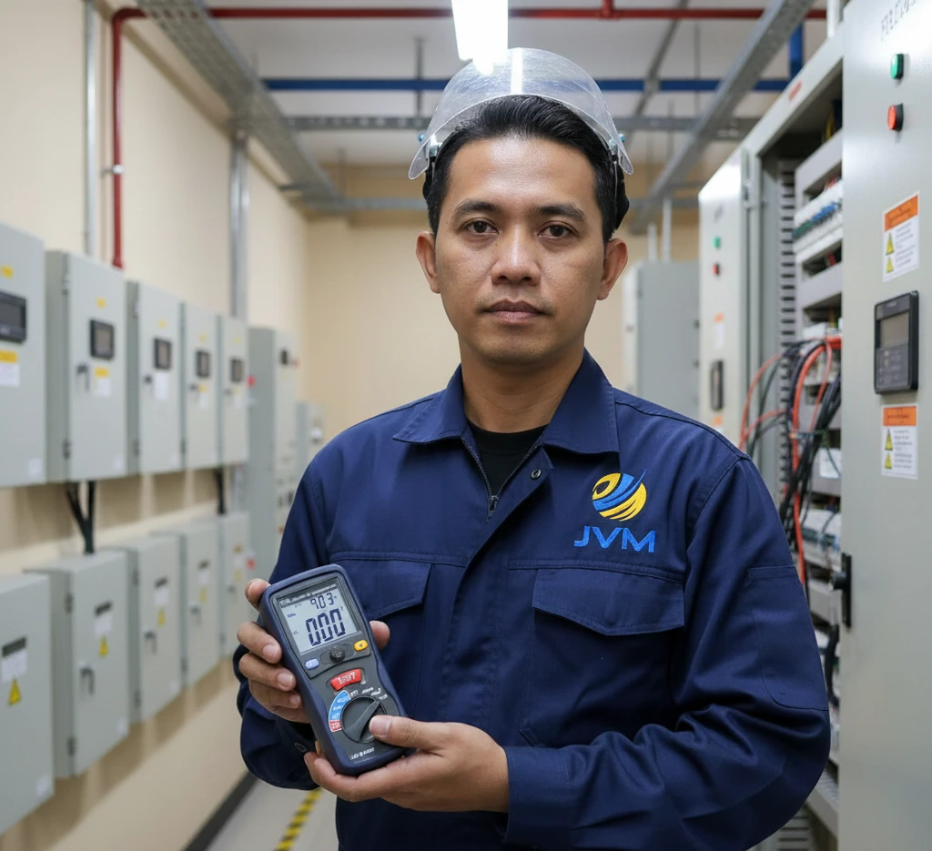 Teknisi listrik Indonesia memegang Earth Tester PCE-ERT 10 untuk inspeksi tahanan pentanahan di area panel distribusi.