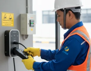 Teknisi listrik Indonesia melakukan commissioning wallbox EV dengan memasang EVSE test adapter PCE-EVSE 310+ pada port Type 2, sambil melakukan pengecekan keselamatan PE pre-test di area parkir gedung.
