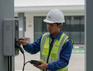 Foto menampilkan teknisi listrik profesional Indonesia di area parkir gedung, sedang melakukan uji commissioning wallbox kendaraan listrik menggunakan EVSE tester PCE-EVSE 310 yang terhubung ke konektor Type 2.