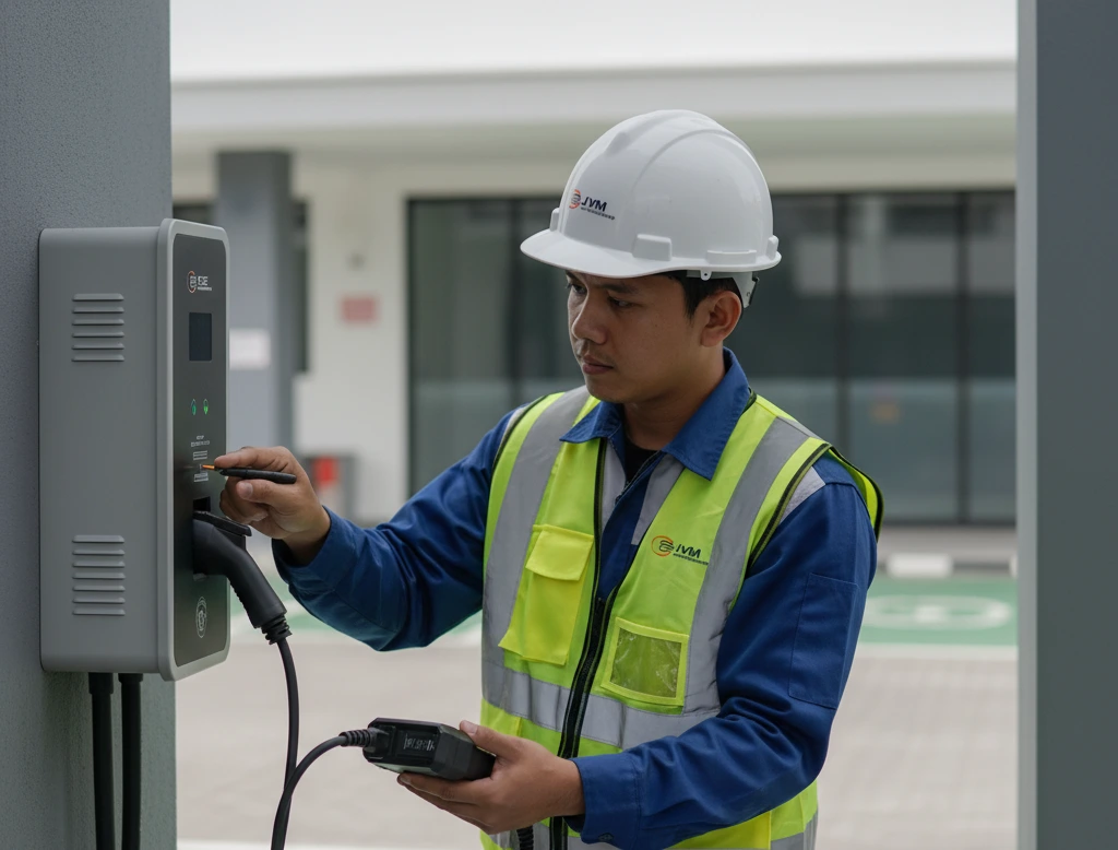 Foto menampilkan teknisi listrik profesional Indonesia di area parkir gedung, sedang melakukan uji commissioning wallbox kendaraan listrik menggunakan EVSE tester PCE-EVSE 310 yang terhubung ke konektor Type 2.