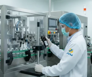 Teknisi Indonesia menggunakan force gauge PCE-FM 50N pada test stand untuk mengukur gaya penutupan mesin pengemasan farmasi di ruang produksi bersih.