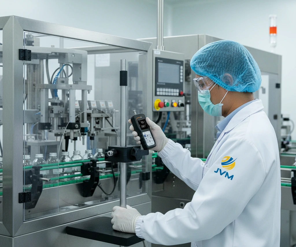 Teknisi Indonesia menggunakan force gauge PCE-FM 50N pada test stand untuk mengukur gaya penutupan mesin pengemasan farmasi di ruang produksi bersih.