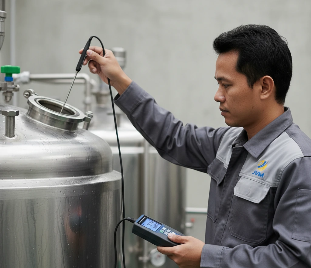 Seorang teknisi Indonesia menggunakan thermometer portabel PCE-HPT 1-ICA dengan probe Pt100 4-wire untuk mengukur suhu proses pada area quality control pabrik, menggambarkan aktivitas monitoring suhu industri yang presisi dan terdokumentasi.