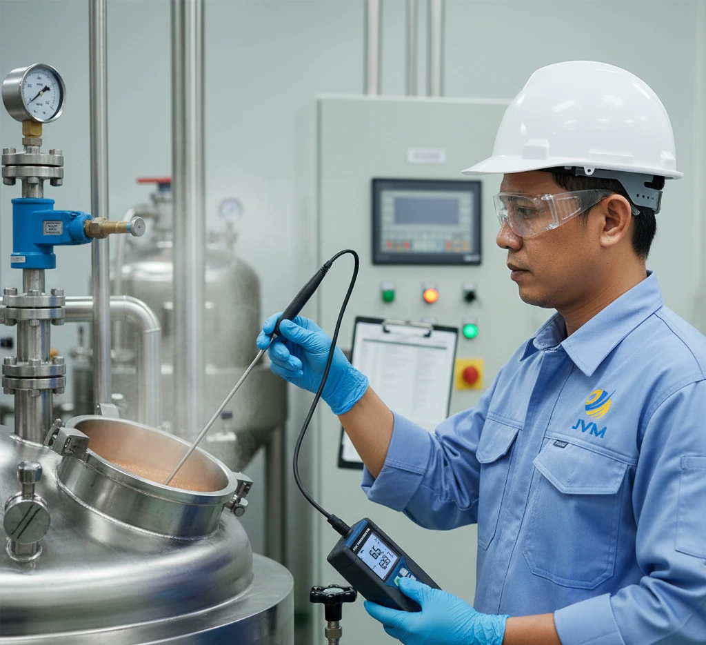 Seorang teknisi Indonesia menggunakan thermometer PCE-HPT 1 dengan probe Pt100 4-wire untuk mengukur suhu cairan proses pada tangki stainless di area produksi industri yang bersih dan terkontrol.