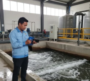 Teknisi Indonesia menggunakan kamera high-speed PCE-HSC 1660 di laboratorium untuk analisis aliran air secara slow motion